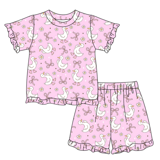 GSSO3343 Preorder Baby Girl Short Sleeve Pink Bows Gooses Checked Top Ruffle Short Clothes Set