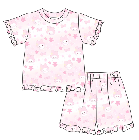 GSSO3344 Preorder Baby Girl Short Sleeve Pink Flower Rabbits Top Ruffle Short Easter Clothes Set