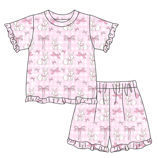 GSSO3345 Preorder Baby Girl Short Sleeve Pink Checked Bow Rabbits Top Ruffle Short Easter Clothes Set