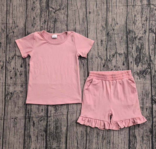 GSSO3348 Preorder Sample Baby Girls Short Sleeve Pink Shirt Top Ruffle Short Clothes Set