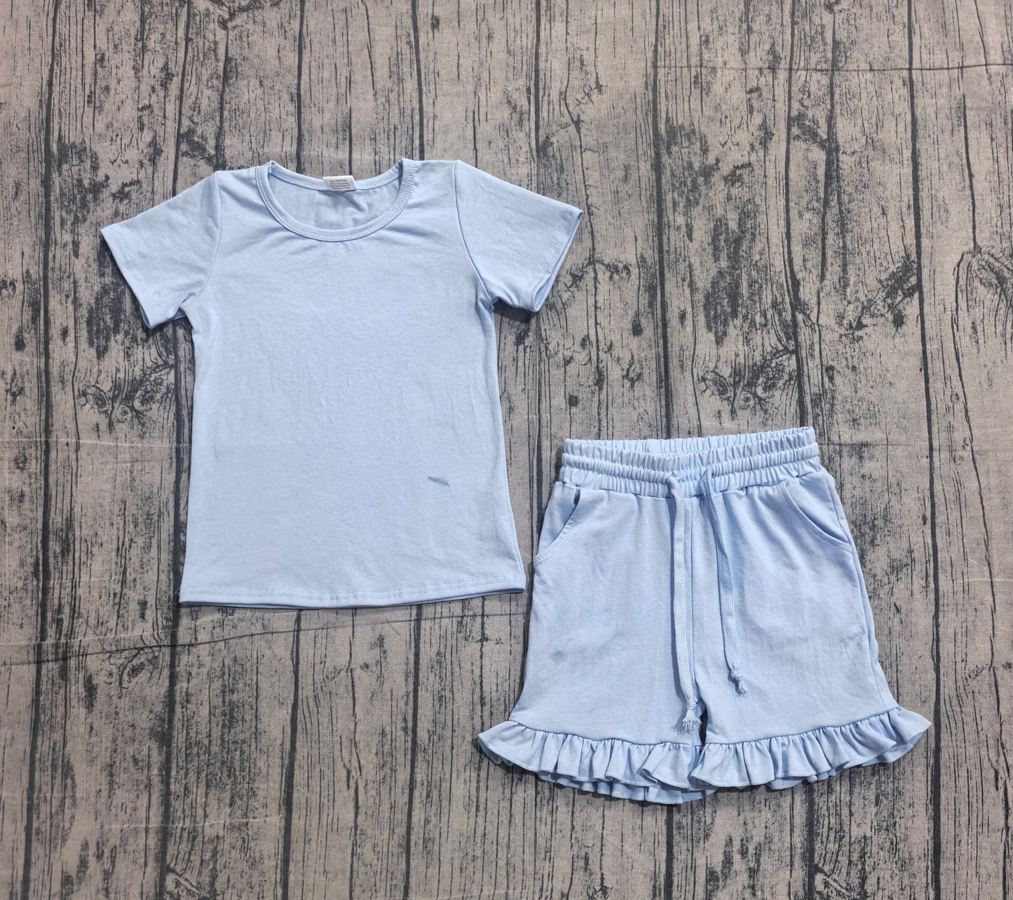 GSSO3349 Preorder Sample Baby Girls Short Sleeve Blue Shirt Top Ruffle Short Clothes Set