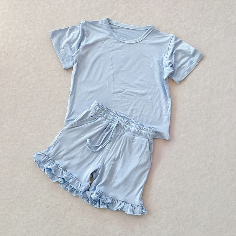 GSSO3349 Preorder Baby Girl Short Sleeve Blue Shirt Top Ruffle Short Clothes Set