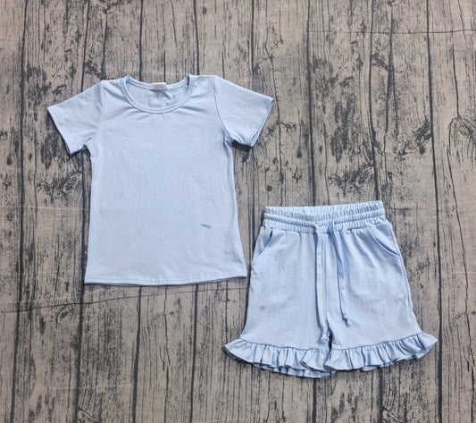 GSSO3349 Preorder Sample Baby Girls Short Sleeve Blue Shirt Top Ruffle Short Clothes Set