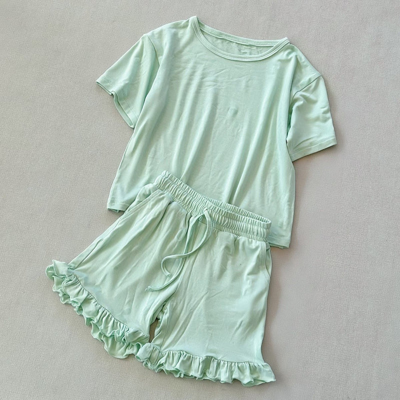 GSSO3351 Preorder Baby Girl Short Sleeve Green Shirt Top Ruffle Short Clothes Set