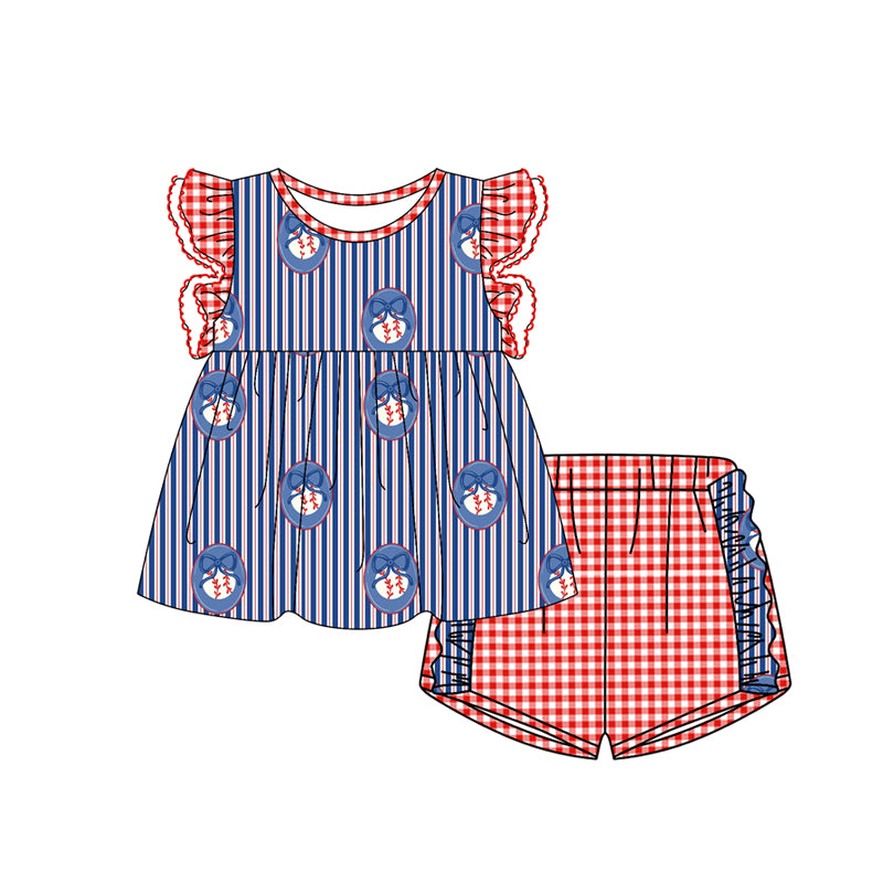 GSSO3352 Preorder Baby Girl Blue Stripe Bow Baseballs Tunic Ruffle Checked Short Team Clothes Set