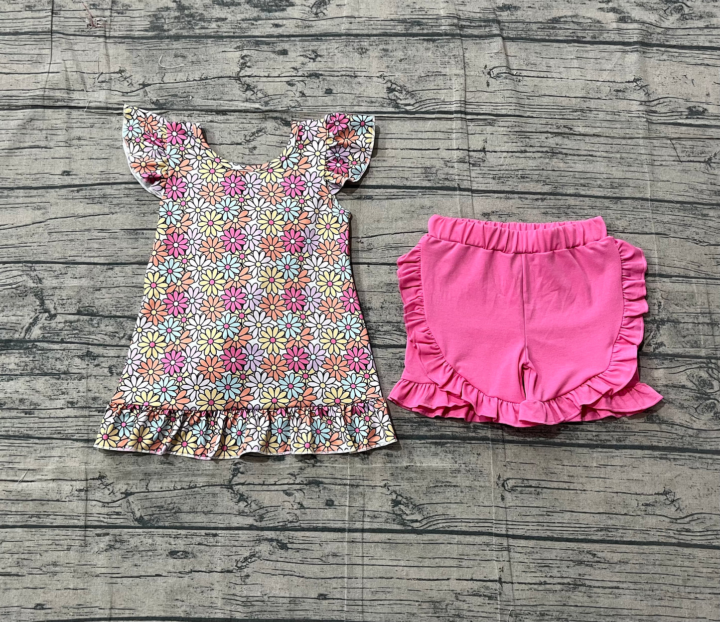 GSSO3353 Preorder Sample Baby Girl Colorful Daisy Flowers Back Bow Tunic Ruffle Shorts Clothes Sets