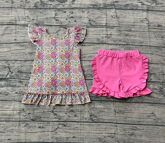 GSSO3353 Preorder Sample Baby Girl Colorful Daisy Flowers Back Bow Tunic Ruffle Shorts Clothes Sets