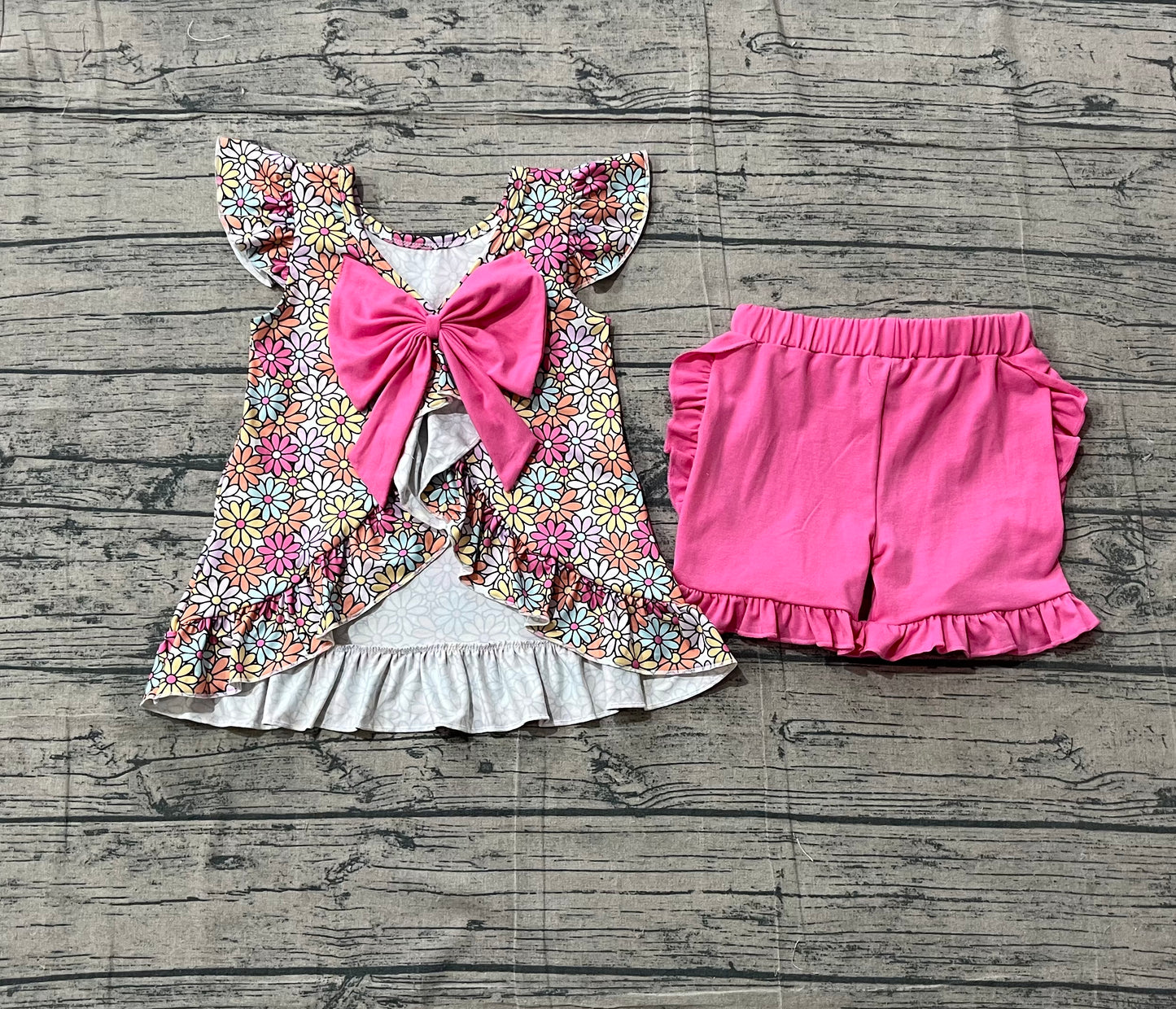 GSSO3353 Preorder Sample Baby Girl Colorful Daisy Flowers Back Bow Tunic Ruffle Shorts Clothes Sets