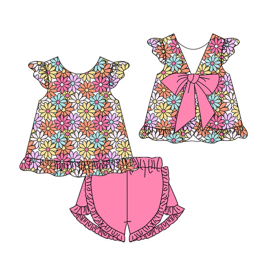 GSSO3353 Preorder Baby Girl Colorful Daisy Flowers Back Bow Tunic Ruffle Shorts Clothes Sets