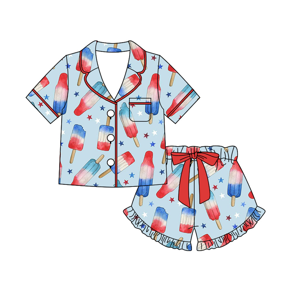 GSSO3354 Preorder Baby Girl Stars Popsicle Button Pocket Top Ruffle Shorts 4th of July Clothes Sets