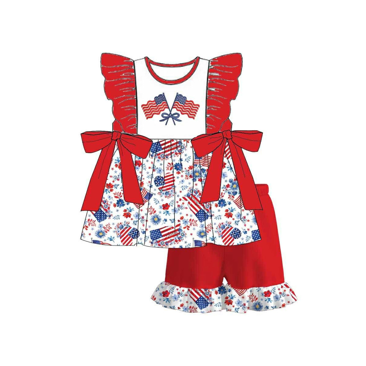 GSSO3355 Preorder Baby Girl Bows Flags Tunic Ruffle Shorts 4th of July Clothes Sets