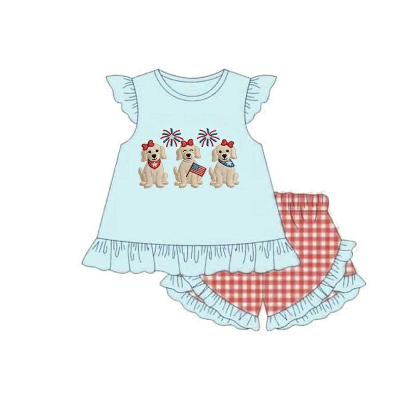 GSSO3356 Preorder Baby Girl Flag Dogs Tunic Checked Ruffle Shorts 4th of July Clothes Sets