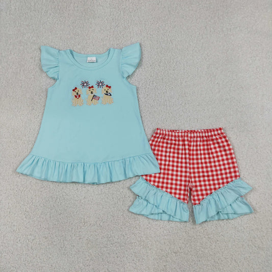 GSSO3356 Baby Girl Flag Dogs Tunic Checked Ruffle Shorts 4th of July Clothes Sets