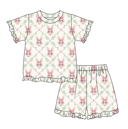 GSSO3357 Preorder Baby Girl Flower Rabbits Checked Top Ruffle Shorts Easter Pajamas Sets