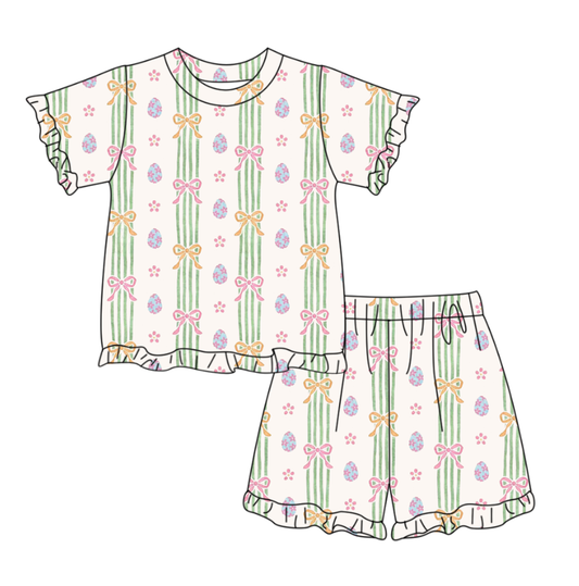 GSSO3358 Preorder Baby Girl Bows Eggs Stripe Top Ruffle Shorts Easter Pajamas Sets