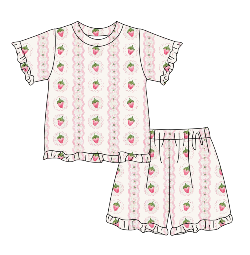 GSSO3359 Preorder Baby Girl Flowers Strawberry Stripe Top Ruffle Shorts Pajamas Sets