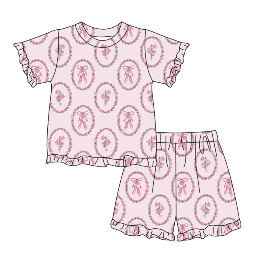 GSSO3360 Preorder Baby Girl Pink Bows Shoes Top Ruffle Shorts Pajamas Sets