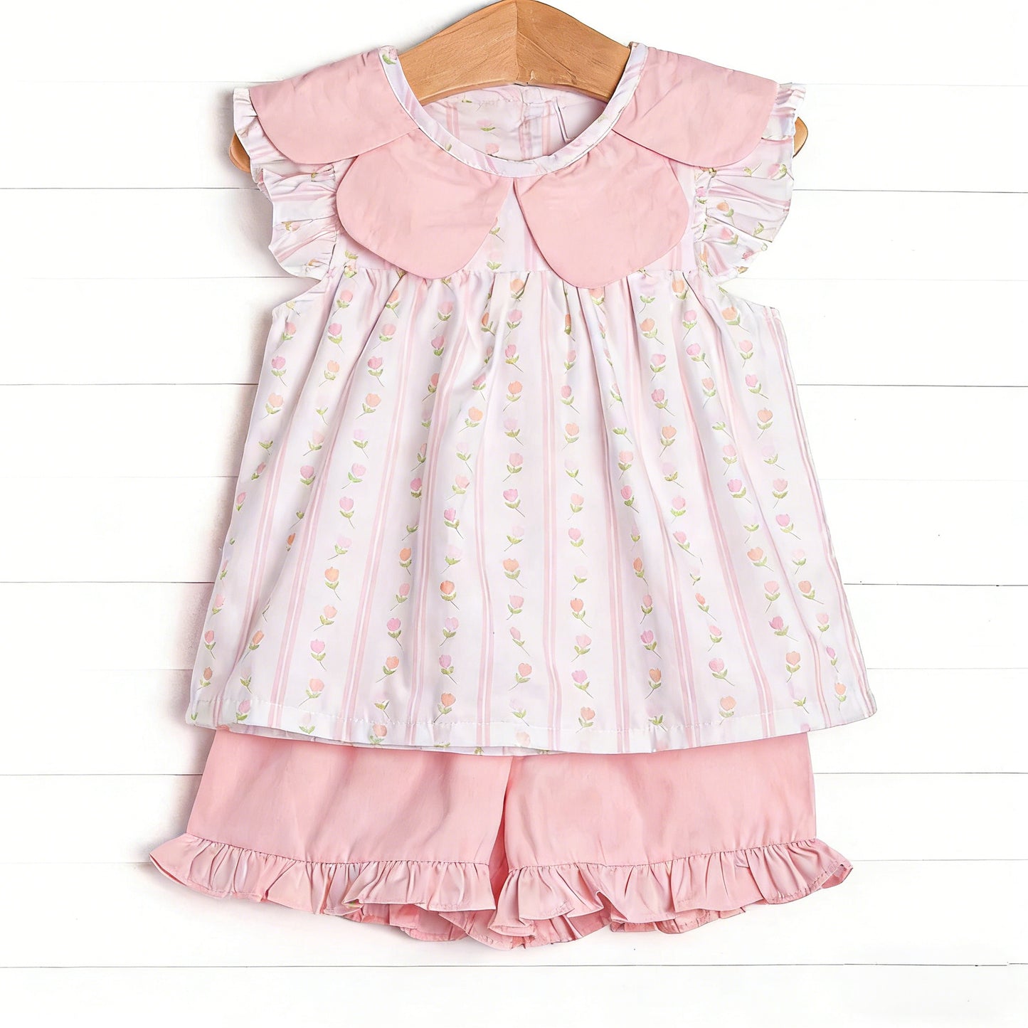 GSSO3363 Preorder Baby Girl Pink Flowers Stripe Collar Tunic Ruffle Shorts Clothes Sets