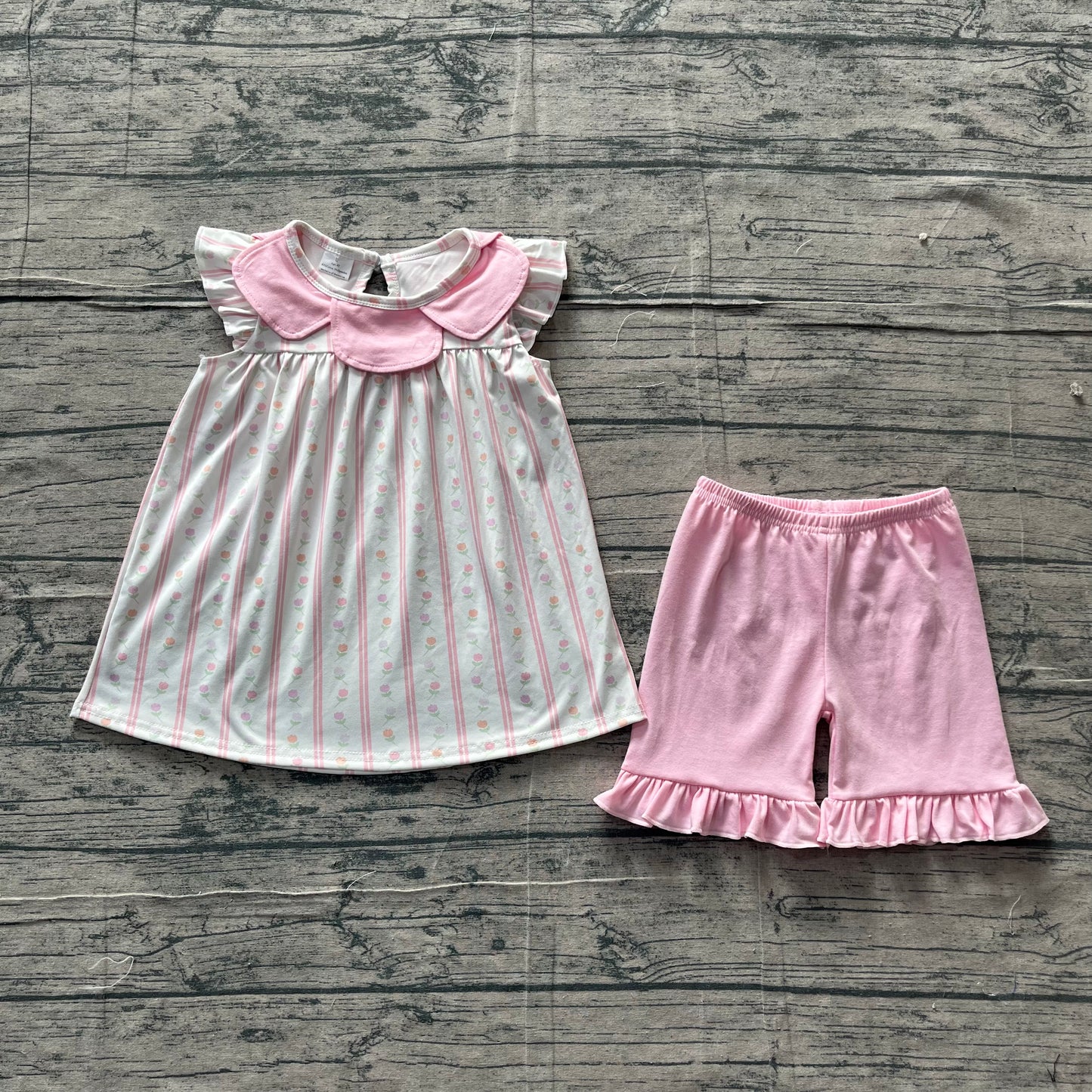 GSSO3363 Preorder Sample Baby Girl Pink Flowers Stripe Collar Tunic Ruffle Shorts Clothes Sets