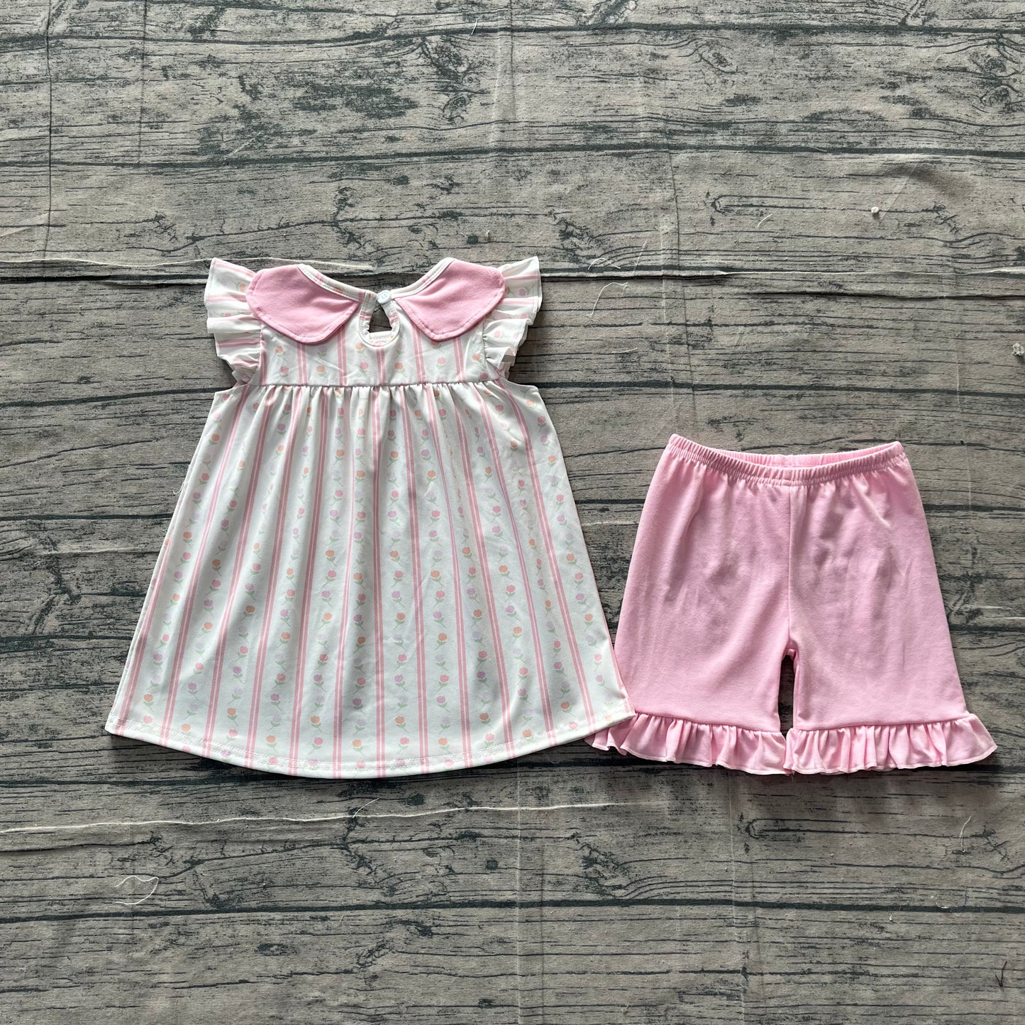 GSSO3363 Preorder Sample Baby Girl Pink Flowers Stripe Collar Tunic Ruffle Shorts Clothes Sets