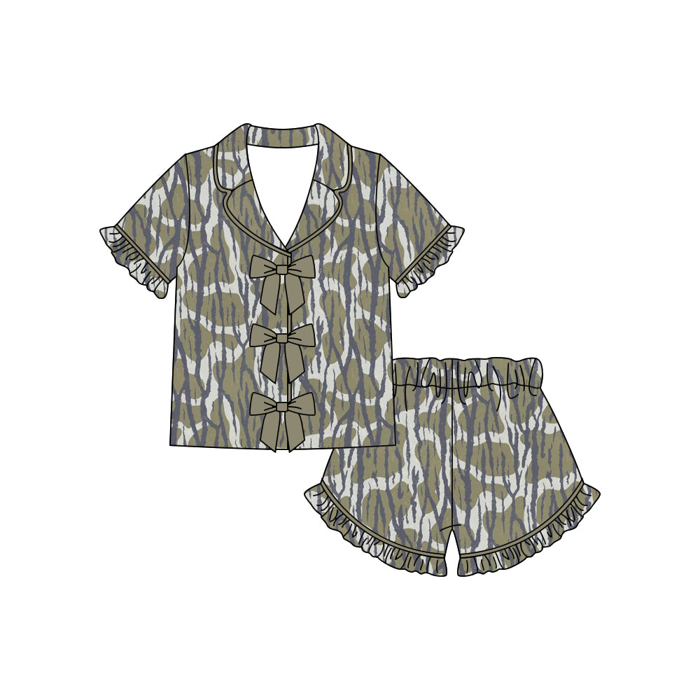 GSSO3366 Preorder Baby Girl Southern Olive Camo Button Top Ruffle Shorts Hunting Pajamas Sets