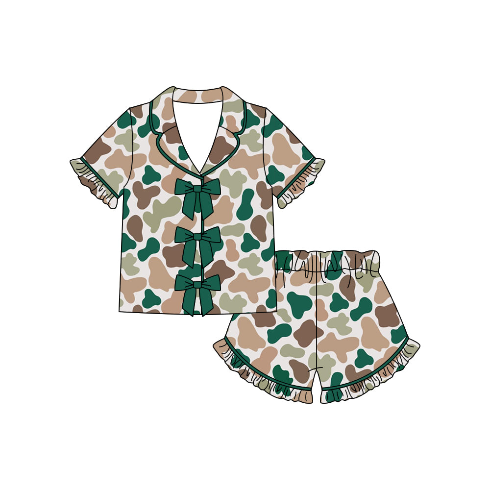 GSSO3367 Preorder Baby Girl Southern Green Camo Button Top Ruffle Shorts Hunting Pajamas Sets