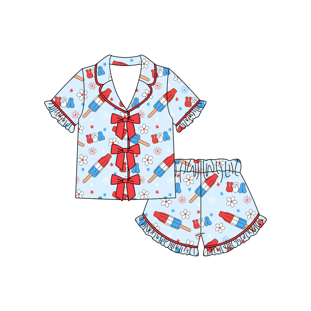 GSSO3369 Preorder Baby Girl Flowers Popsicle Button Top Ruffle Shorts 4th of July Pajamas Sets