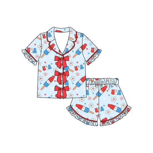 GSSO3369 Preorder Baby Girl Flowers Popsicle Button Top Ruffle Shorts 4th of July Pajamas Sets