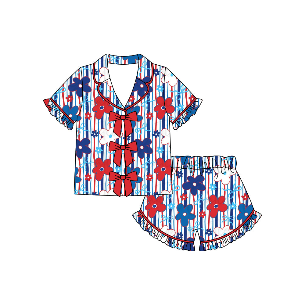 GSSO3370 Preorder Baby Girl Flowers Stripe Button Top Ruffle Shorts 4th of July Pajamas Sets