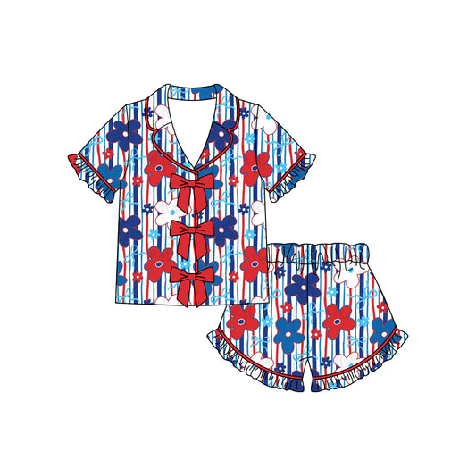GSSO3370 Preorder Baby Girl Flowers Stripe Button Top Ruffle Shorts 4th of July Pajamas Sets
