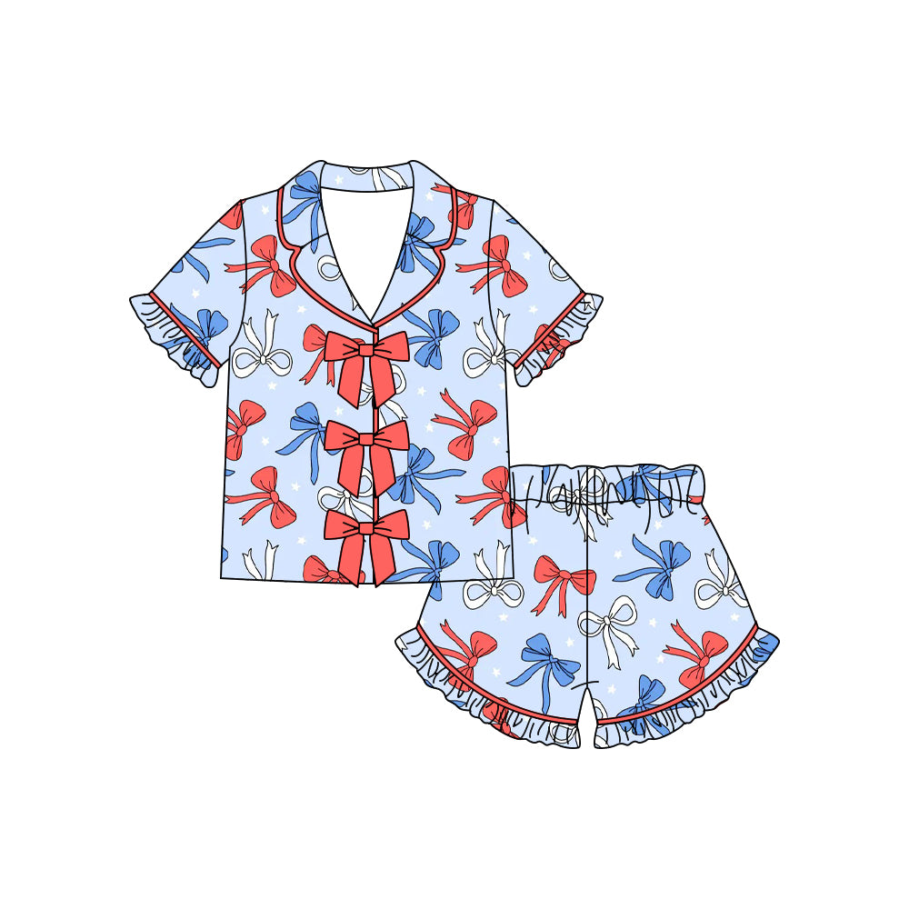 GSSO3371 Preorder Baby Girl Bows Stars Button Top Ruffle Shorts 4th of July Pajamas Sets
