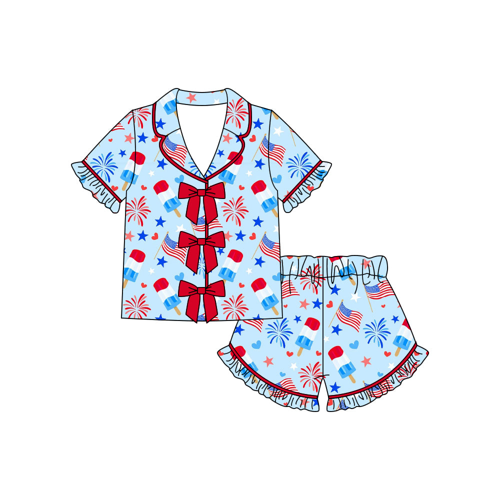 GSSO3373 Preorder Baby Girl Popsicle Fireworks Button Top Ruffle Shorts 4th of July Pajamas Sets