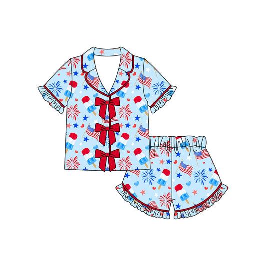 GSSO3373 Preorder Baby Girl Popsicle Fireworks Button Top Ruffle Shorts 4th of July Pajamas Sets