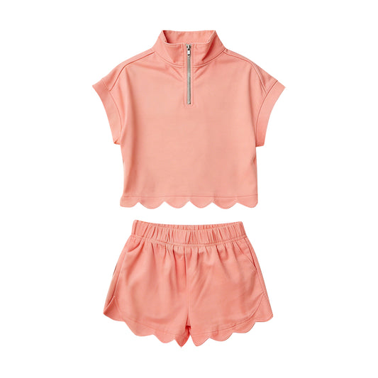 GSSO3374 Preorder Baby Girl Peach Zipper Scallop Pullover Top Pockets Short Checked Set