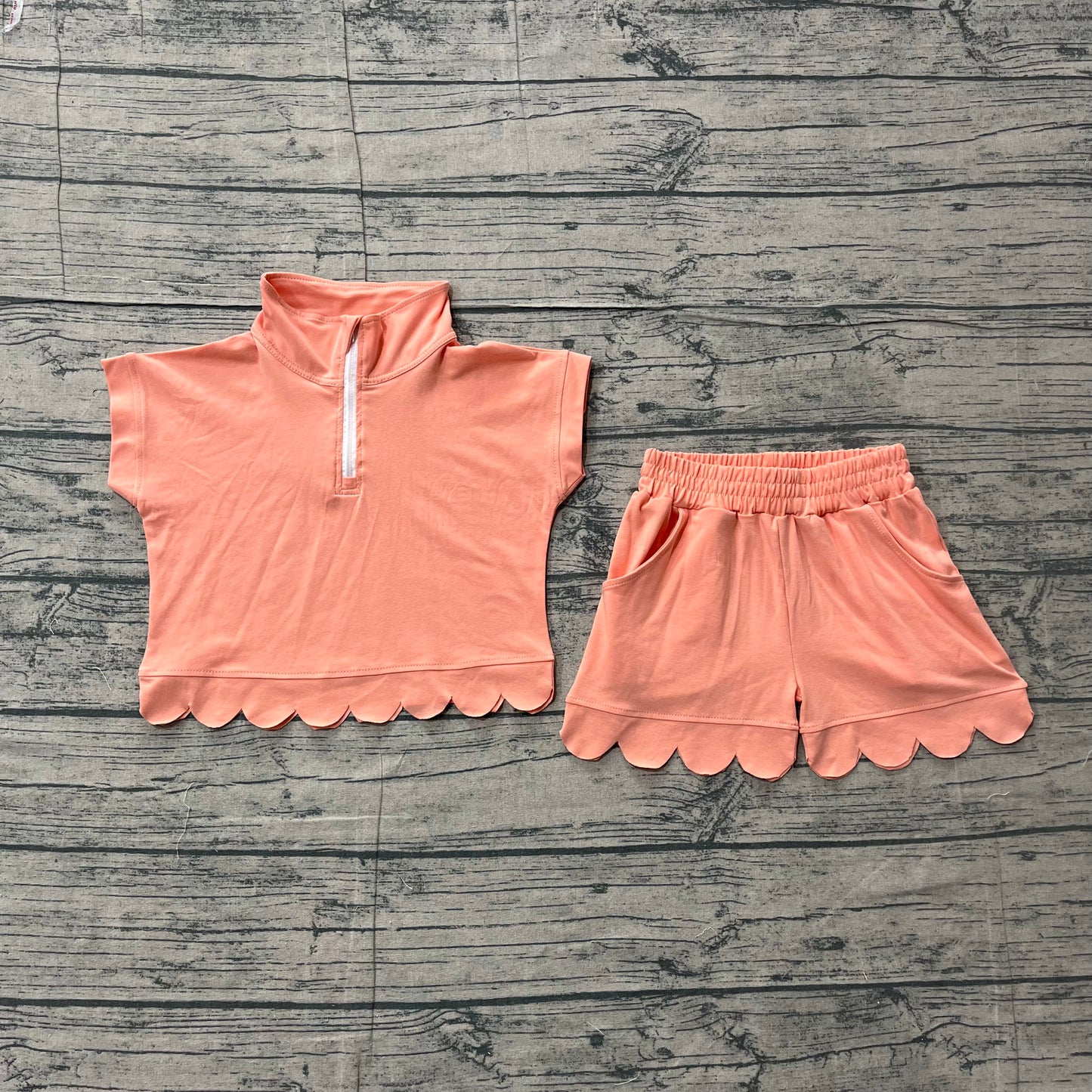 GSSO3374 Preorder Sample Baby Girl Peach Zipper Scallop Pullover Top Pockets Short Checked Set