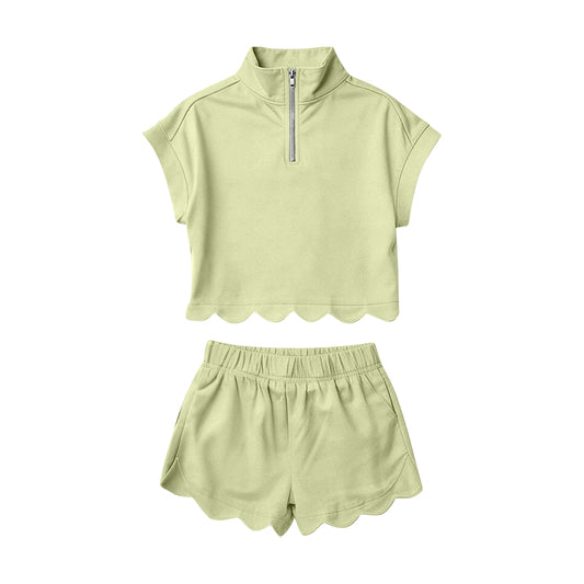 GSSO3375 Preorder Baby Girl Green Zipper Scallop Pullover Top Pockets Short Checked Set