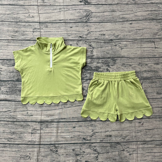 GSSO3375 Preorder Sample Baby Girl Green Zipper Scallop Pullover Top Pockets Short Checked Set