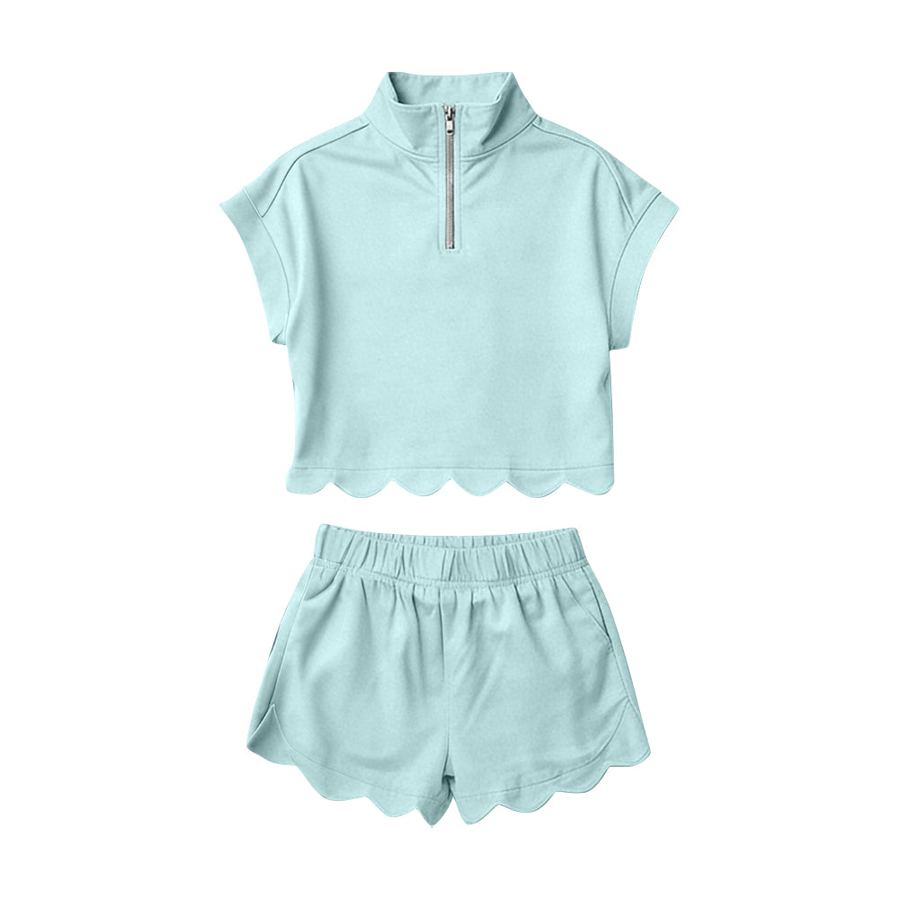 GSSO3376 Preorder Baby Girl Blue Zipper Scallop Pullover Top Pockets Short Checked Set