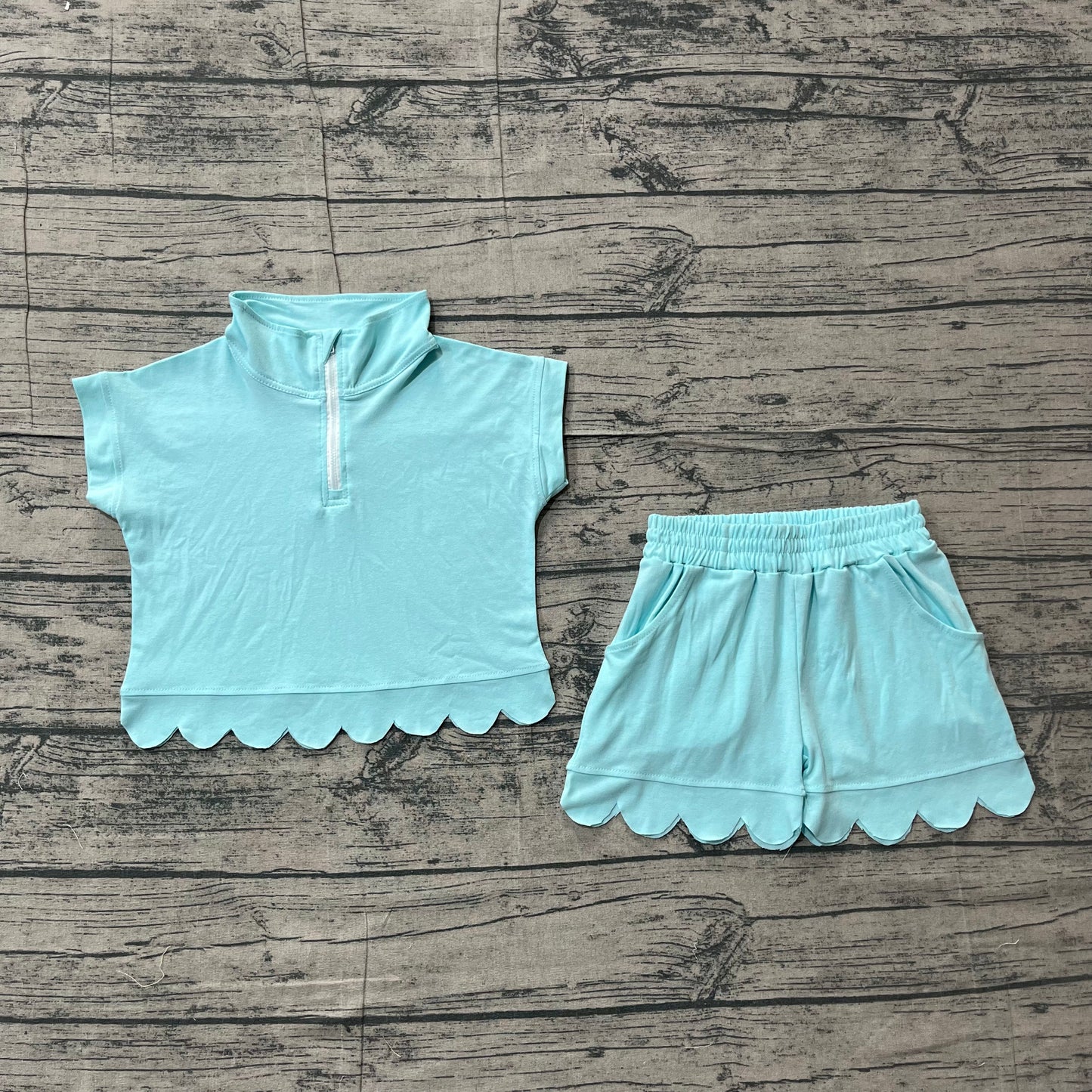 GSSO3376 Preorder Sample Baby Girl Blue Zipper Scallop Pullover Top Pockets Short Checked Set