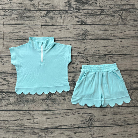 GSSO3376 Preorder Sample Baby Girl Blue Zipper Scallop Pullover Top Pockets Short Checked Set
