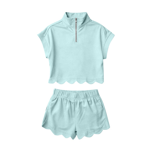 GSSO3376 Preorder Baby Girl Blue Zipper Scallop Pullover Top Pockets Short Checked Set