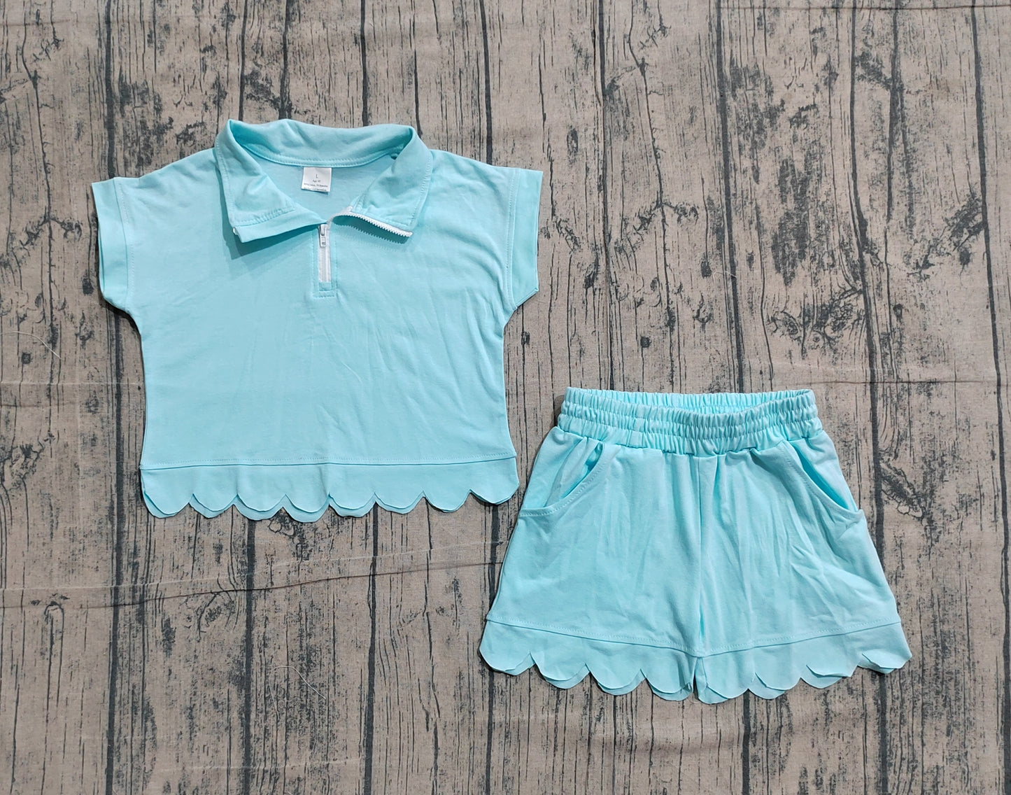 GSSO3376 Preorder Sample Baby Girl Blue Zipper Scallop Pullover Top Pockets Short Checked Set