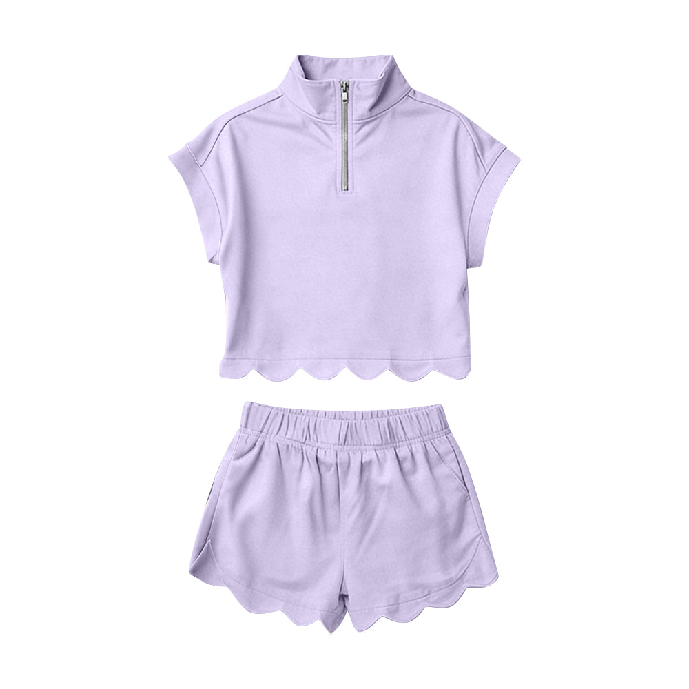 GSSO3377 Preorder Baby Girl Lavender Zipper Scallop Pullover Top Pockets Short Checked Set
