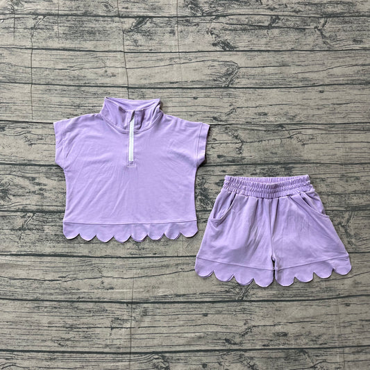 GSSO3377 Preorder Sample Baby Girl Lavender Zipper Scallop Pullover Top Pockets Short Checked Set