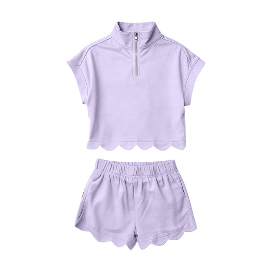 GSSO3377 Preorder Baby Girl Lavender Zipper Scallop Pullover Top Pockets Short Checked Set