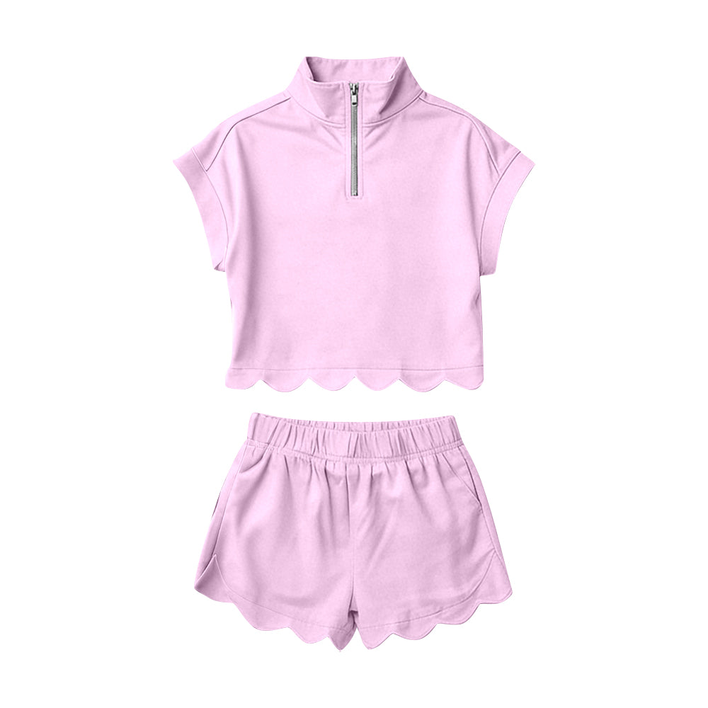 GSSO3378 Preorder Baby Girl Pink Zipper Scallop Pullover Top Pockets Short Checked Set
