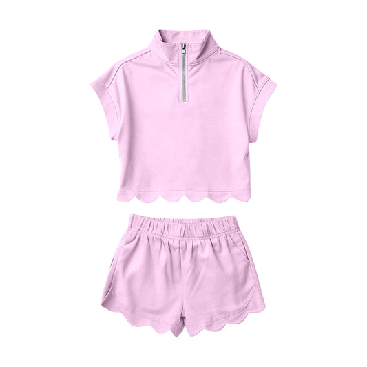 GSSO3378 Preorder Baby Girl Pink Zipper Scallop Pullover Top Pockets Short Checked Set