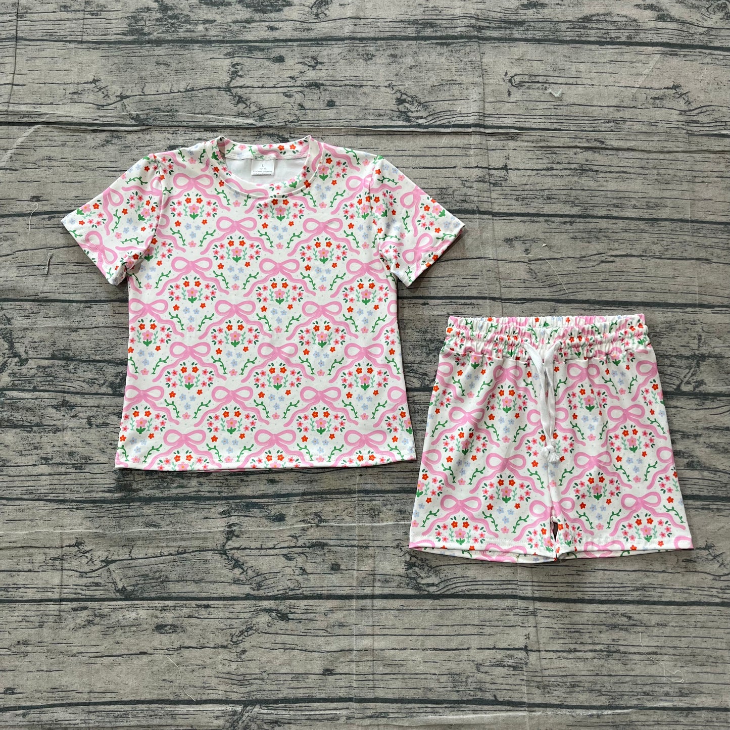GSSO3379 Preorder Sample Baby Girl Short Sleeve Pink Bows Flowers Top Shorts Clothes Set