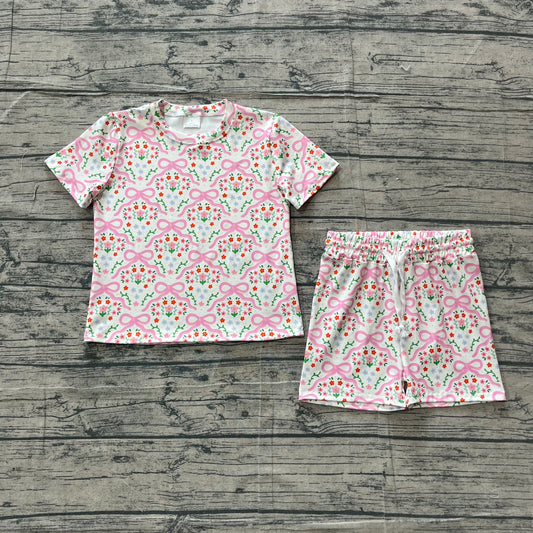 GSSO3379 Preorder Sample Baby Girl Short Sleeve Pink Bows Flowers Top Shorts Clothes Set