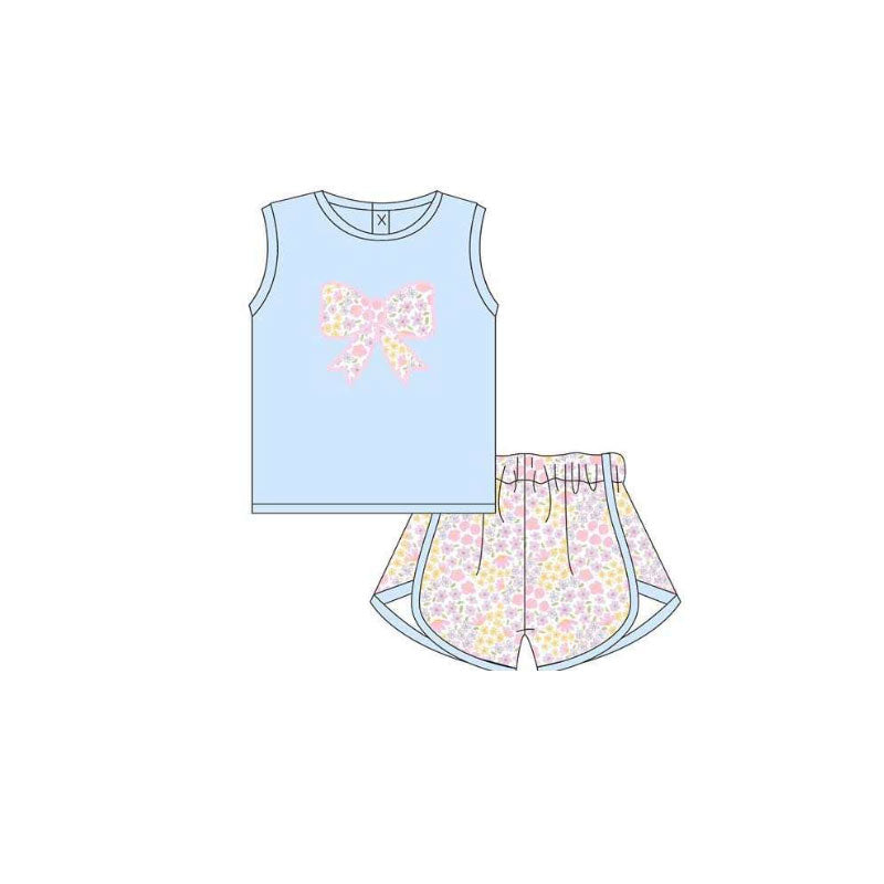 GSSO3383 Preorder Baby Girl Light Blue Sleeveless Flower Bows Top Shorts Clothes Set